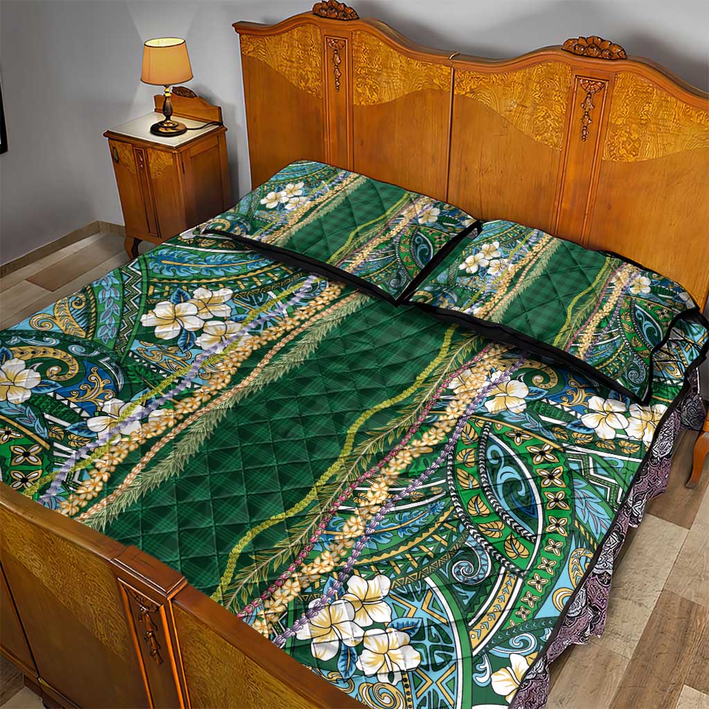 Hawaiian Art Flower Tribal with Lei Quilt Bed Set Palaka Pattern Green Color LT03 - Polynesian Pride