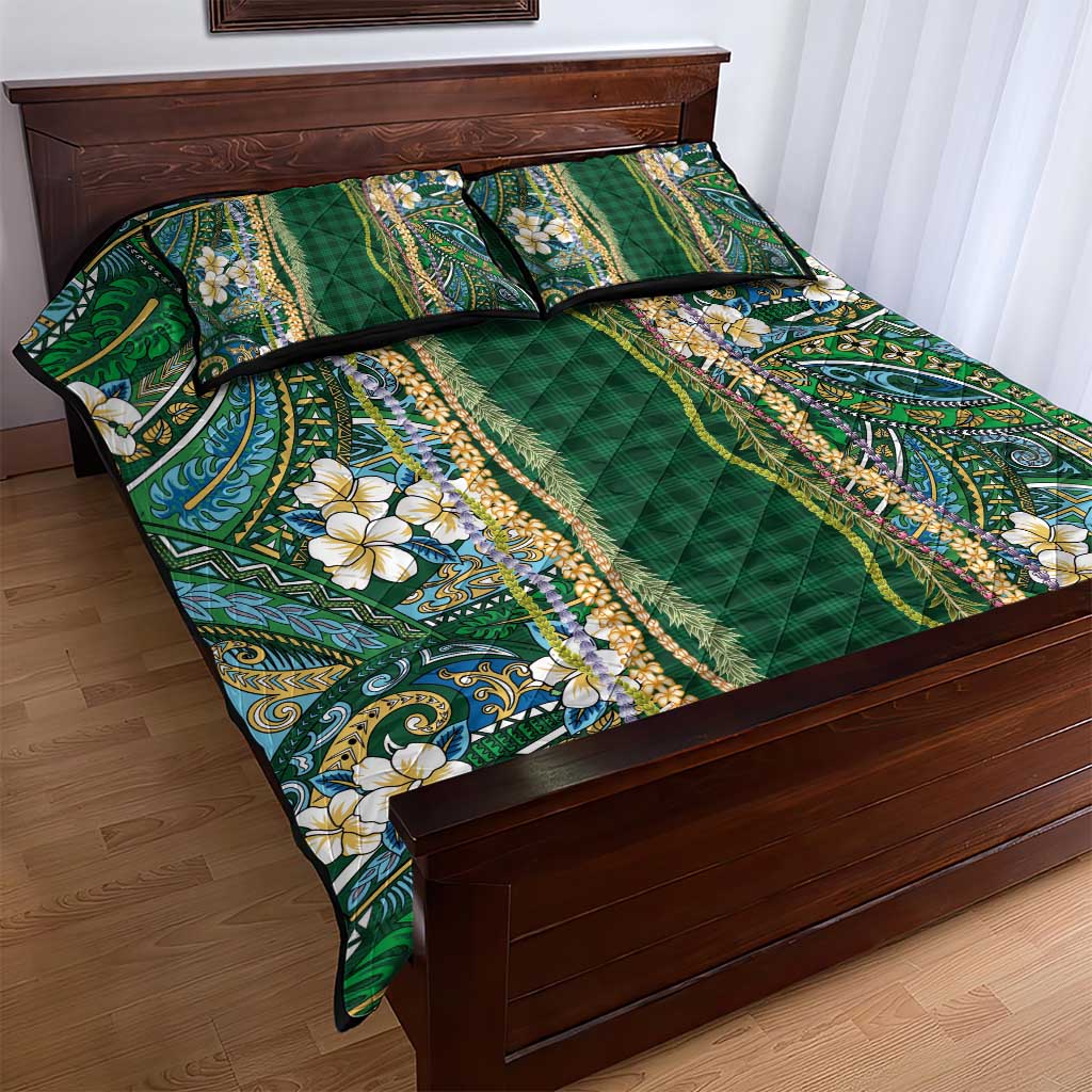 Hawaiian Art Flower Tribal with Lei Quilt Bed Set Palaka Pattern Green Color LT03 - Polynesian Pride