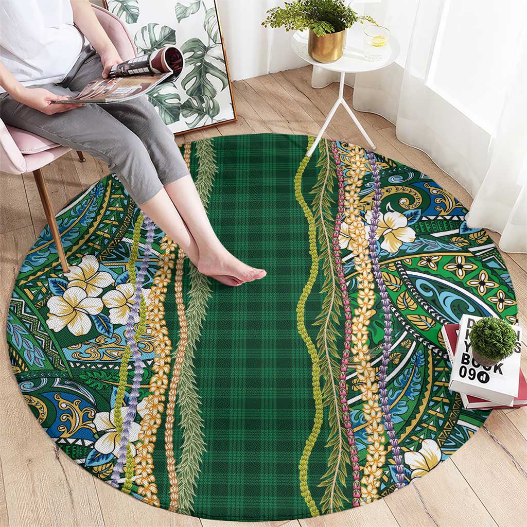Hawaiian Art Flower Tribal with Lei Round Carpet Palaka Pattern Green Color LT03 - Polynesian Pride