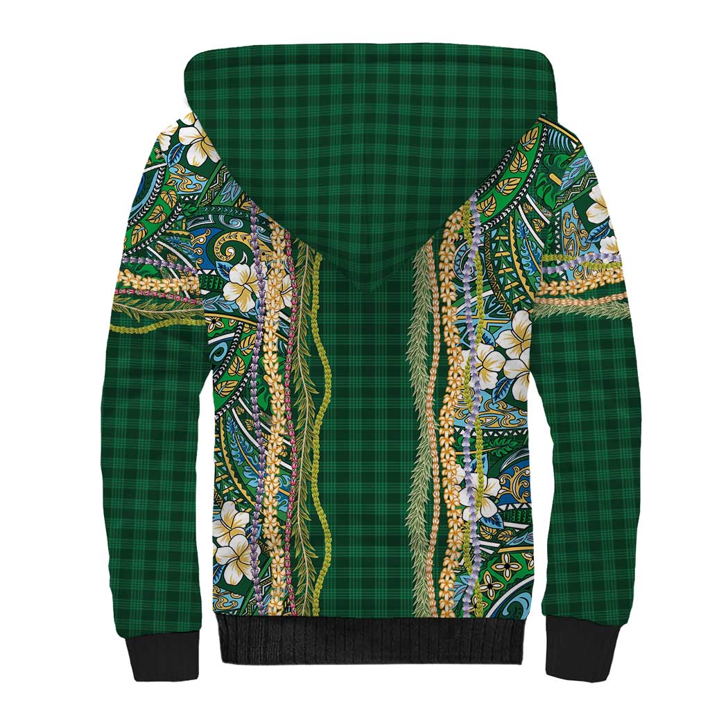 Hawaiian Art Flower Tribal with Lei Sherpa Hoodie Palaka Pattern Green Color LT03 - Polynesian Pride
