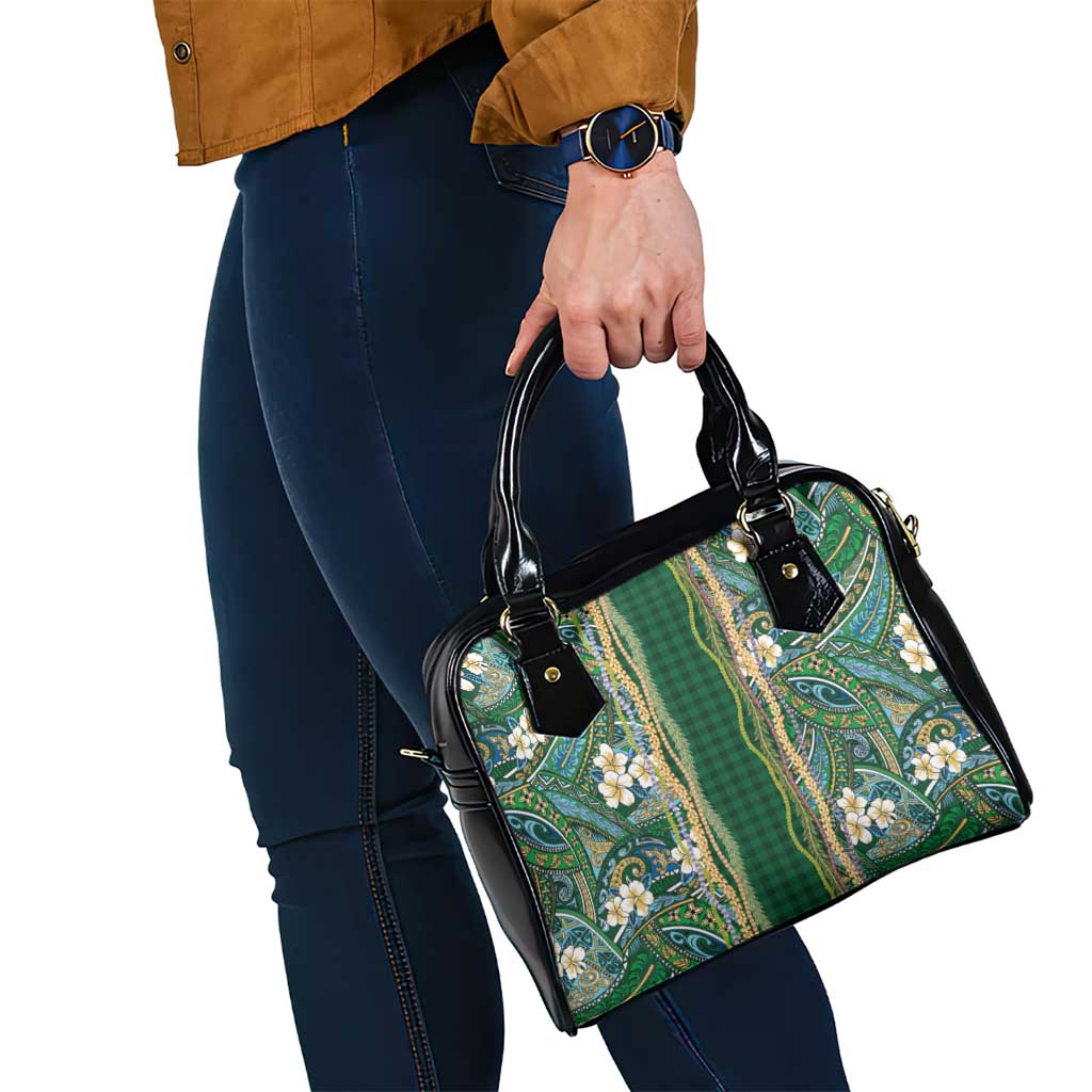 Hawaiian Art Flower Tribal with Lei Shoulder Handbag Palaka Pattern Green Color - Polynesian Pride