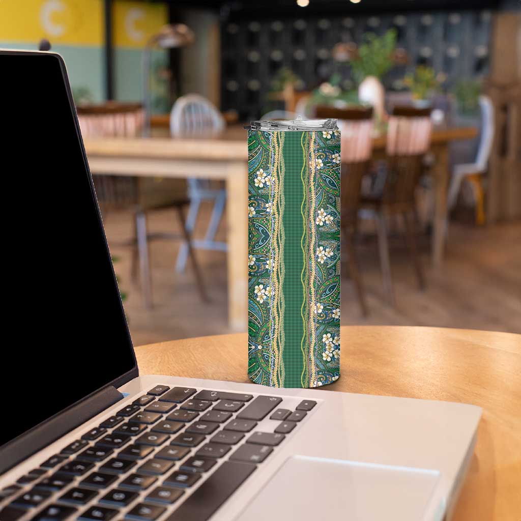 Hawaiian Art Flower Tribal with Lei Skinny Tumbler Palaka Pattern Green Color - Polynesian Pride