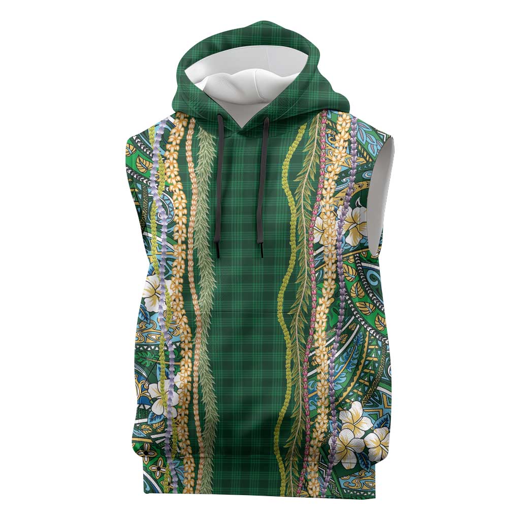 Hawaiian Art Flower Tribal with Lei Sleeveless Hoodie Palaka Pattern Green Color LT03 Green - Polynesian Pride