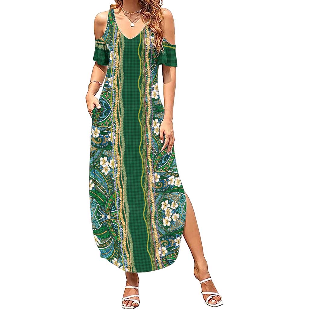 Hawaiian Art Flower Tribal with Lei Summer Maxi Dress Palaka Pattern Green Color LT03 Women Green - Polynesian Pride