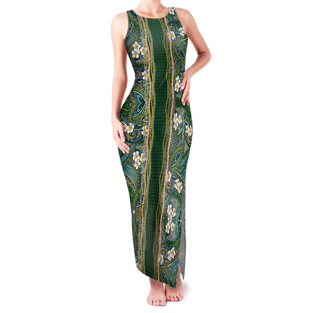 Hawaiian Art Flower Tribal with Lei Tank Maxi Dress Palaka Pattern Green Color LT03 Women Green - Polynesian Pride