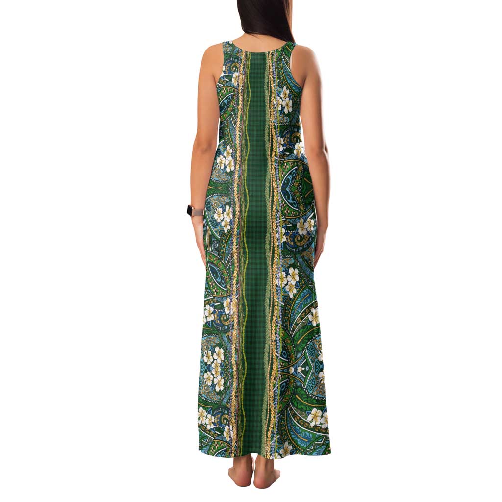 Hawaiian Art Flower Tribal with Lei Tank Maxi Dress Palaka Pattern Green Color LT03 - Polynesian Pride