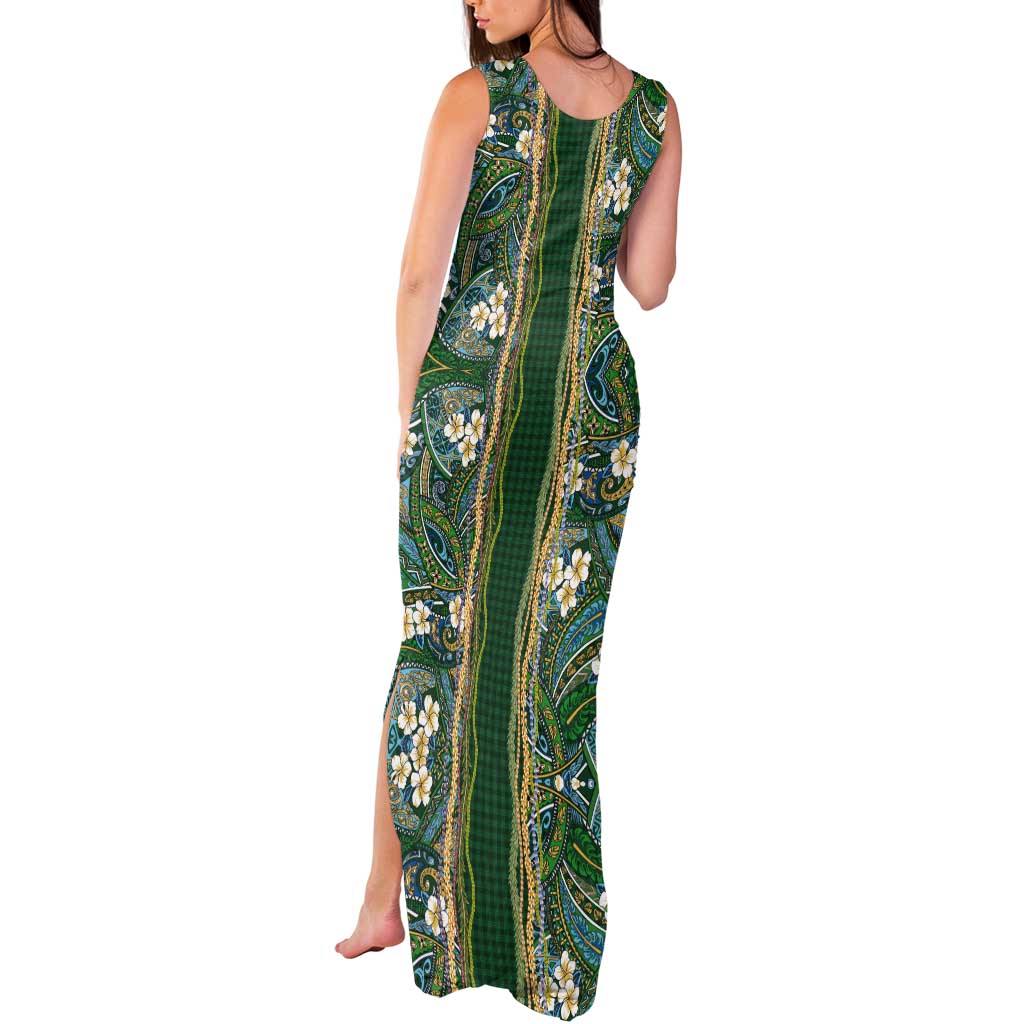Hawaiian Art Flower Tribal with Lei Tank Maxi Dress Palaka Pattern Green Color LT03 - Polynesian Pride