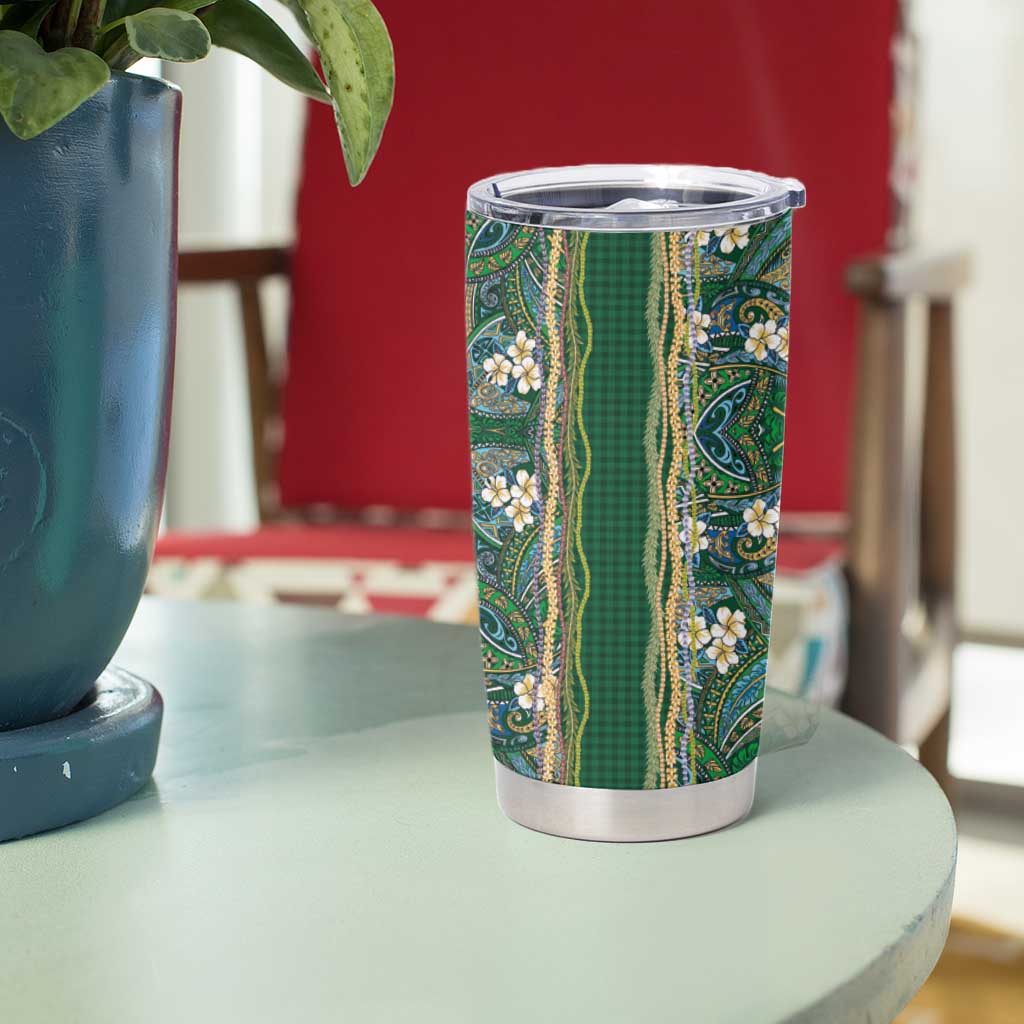 Hawaiian Art Flower Tribal with Lei Tumbler Cup Palaka Pattern Green Color - Polynesian Pride