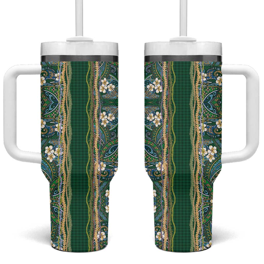 Hawaiian Art Flower Tribal with Lei Tumbler With Handle Palaka Pattern Green Color LT03 One Size: 40 oz Green - Polynesian Pride