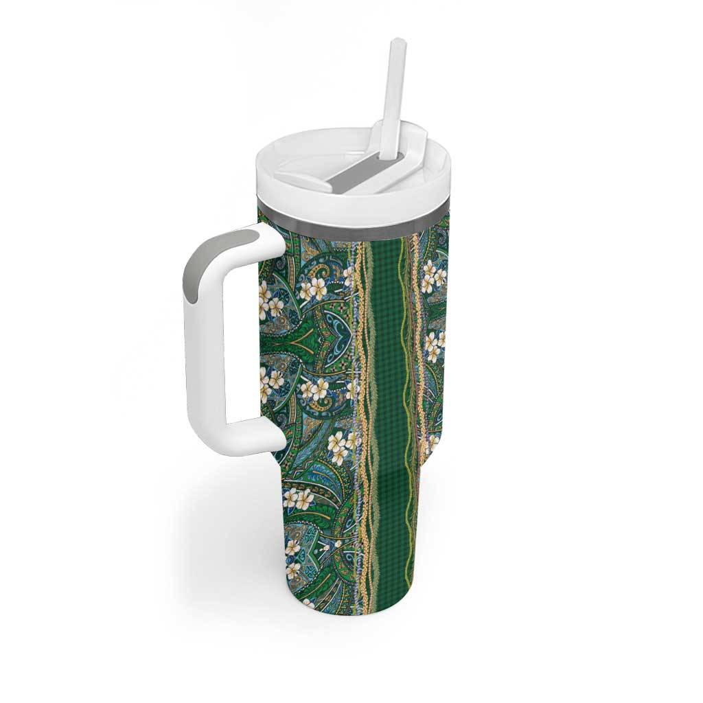 Hawaiian Art Flower Tribal with Lei Tumbler With Handle Palaka Pattern Green Color LT03 - Polynesian Pride