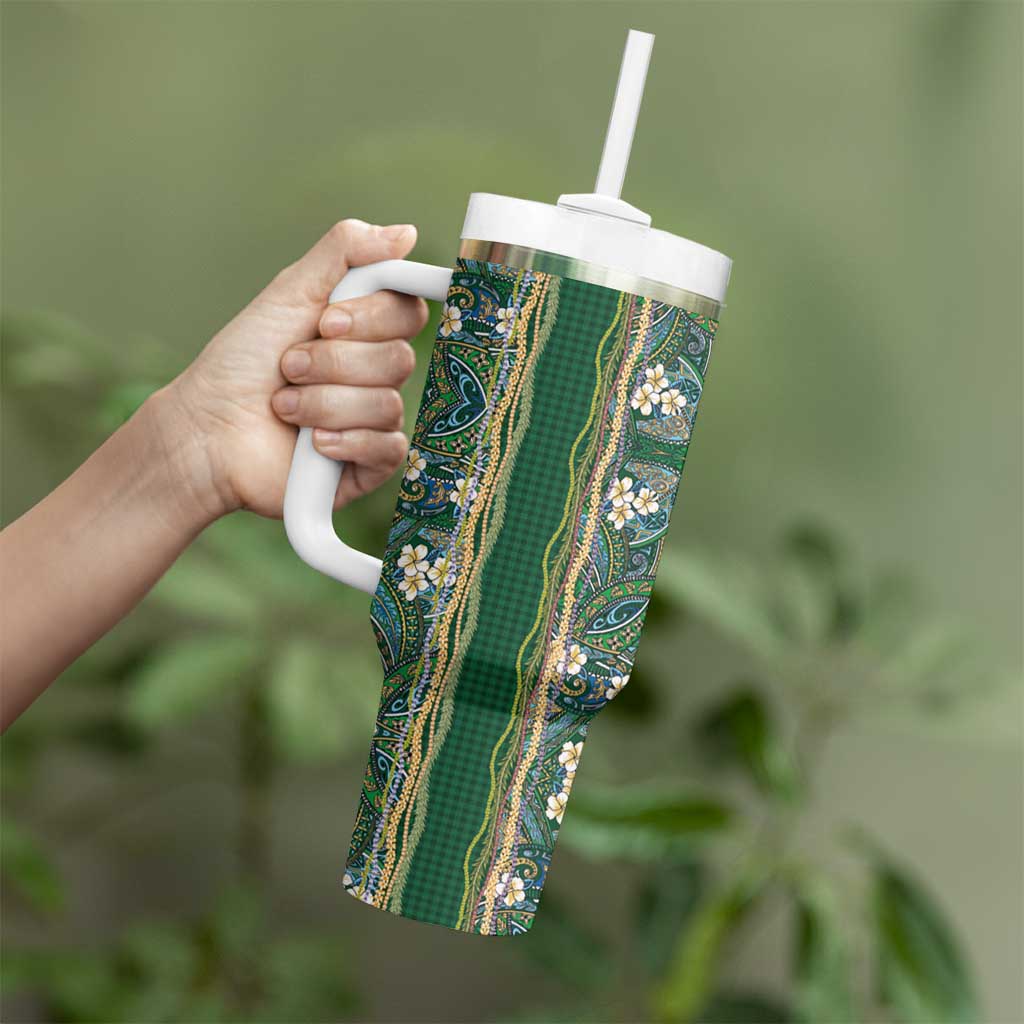 Hawaiian Art Flower Tribal with Lei Tumbler With Handle Palaka Pattern Green Color LT03 - Polynesian Pride