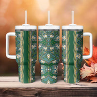 Hawaiian Art Flower Tribal with Lei Tumbler With Handle Palaka Pattern Green Color LT03 - Polynesian Pride