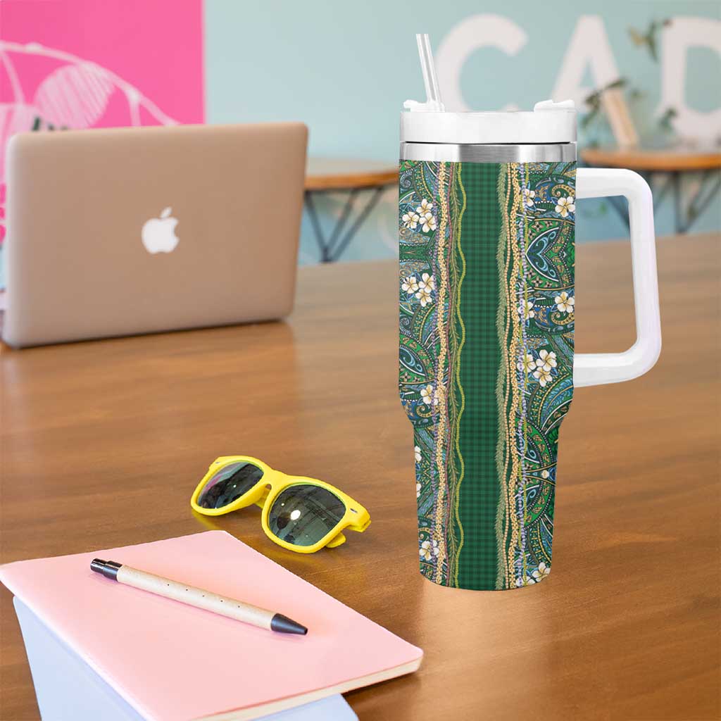 Hawaiian Art Flower Tribal with Lei Tumbler With Handle Palaka Pattern Green Color LT03 - Polynesian Pride