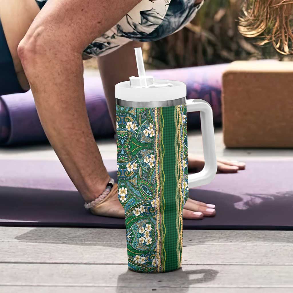 Hawaiian Art Flower Tribal with Lei Tumbler With Handle Palaka Pattern Green Color LT03 - Polynesian Pride