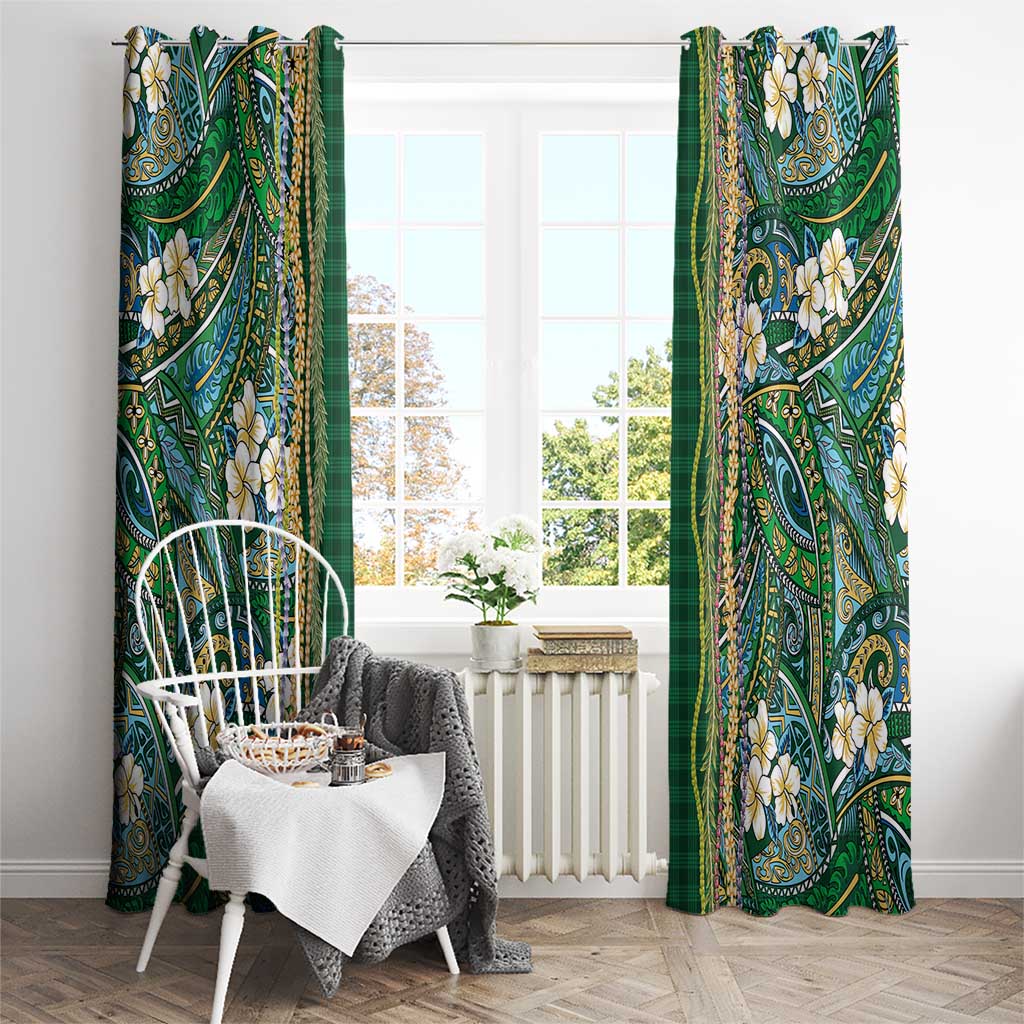 Hawaiian Art Flower Tribal with Lei Window Curtain Palaka Pattern Green Color - Polynesian Pride