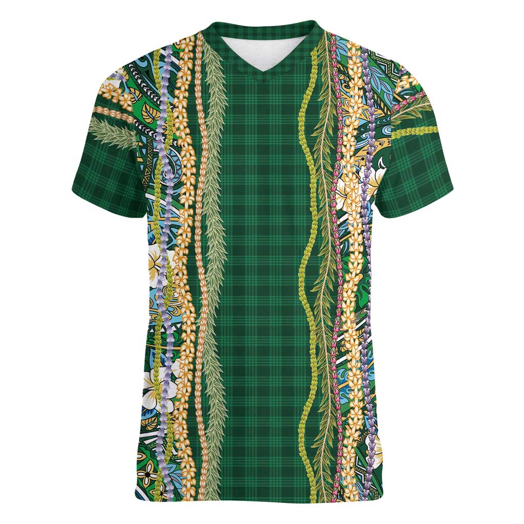 Hawaiian Art Flower Tribal with Lei Women V-Neck T-Shirt Palaka Pattern Green Color LT03 Female Green - Polynesian Pride