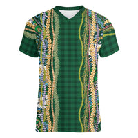 Hawaiian Art Flower Tribal with Lei Women V-Neck T-Shirt Palaka Pattern Green Color LT03 Female Green - Polynesian Pride