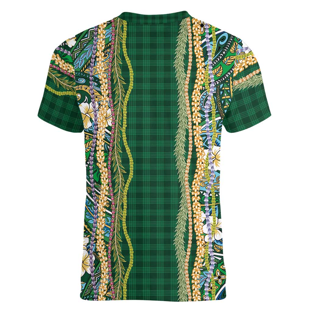 Hawaiian Art Flower Tribal with Lei Women V-Neck T-Shirt Palaka Pattern Green Color LT03 - Polynesian Pride