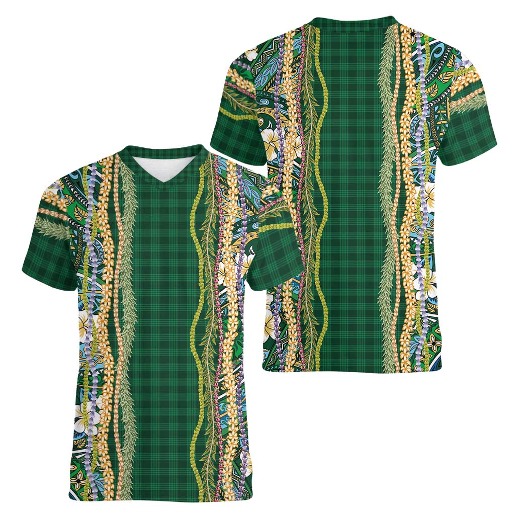 Hawaiian Art Flower Tribal with Lei Women V-Neck T-Shirt Palaka Pattern Green Color LT03 - Polynesian Pride