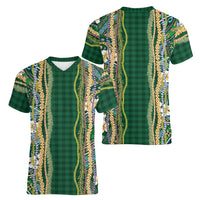 Hawaiian Art Flower Tribal with Lei Women V-Neck T-Shirt Palaka Pattern Green Color LT03 - Polynesian Pride