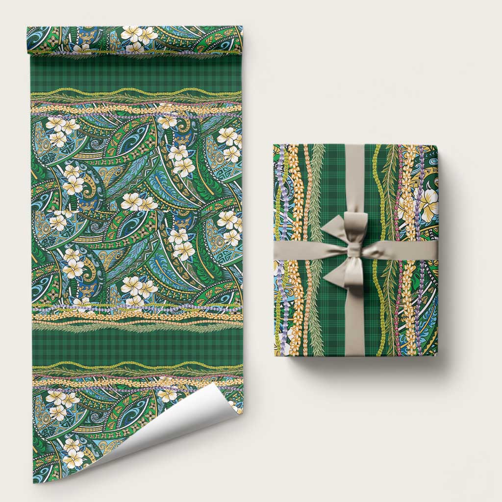 Hawaiian Art Flower Tribal with Lei Wrapping Paper Palaka Pattern Green Color LT03 58" × 23" Green - Polynesian Pride