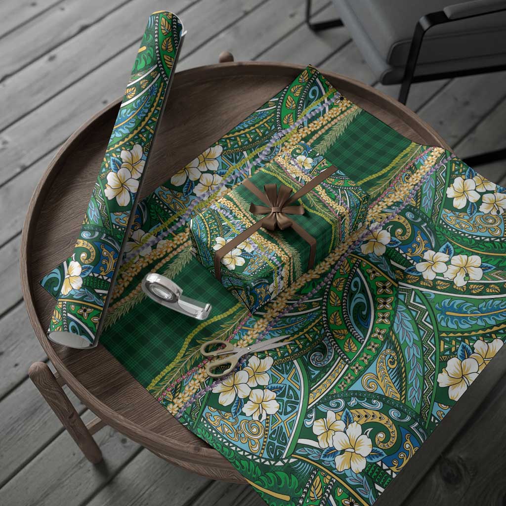 Hawaiian Art Flower Tribal with Lei Wrapping Paper Palaka Pattern Green Color LT03 - Polynesian Pride