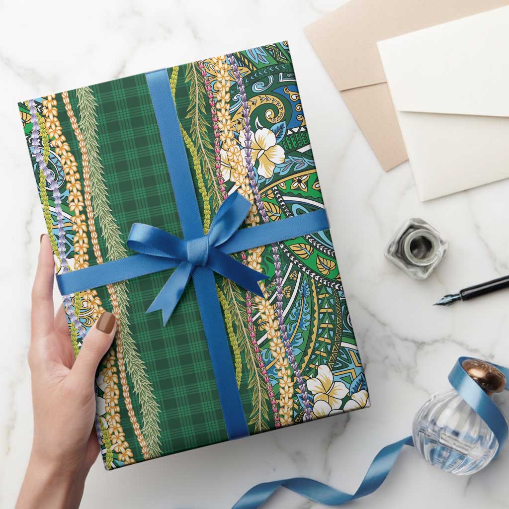 Hawaiian Art Flower Tribal with Lei Wrapping Paper Palaka Pattern Green Color LT03 - Polynesian Pride