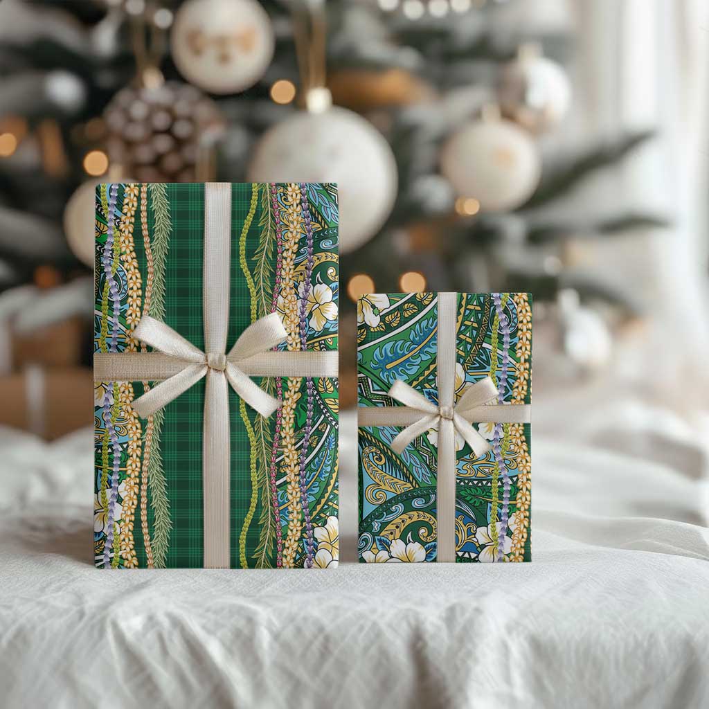Hawaiian Art Flower Tribal with Lei Wrapping Paper Palaka Pattern Green Color LT03 - Polynesian Pride