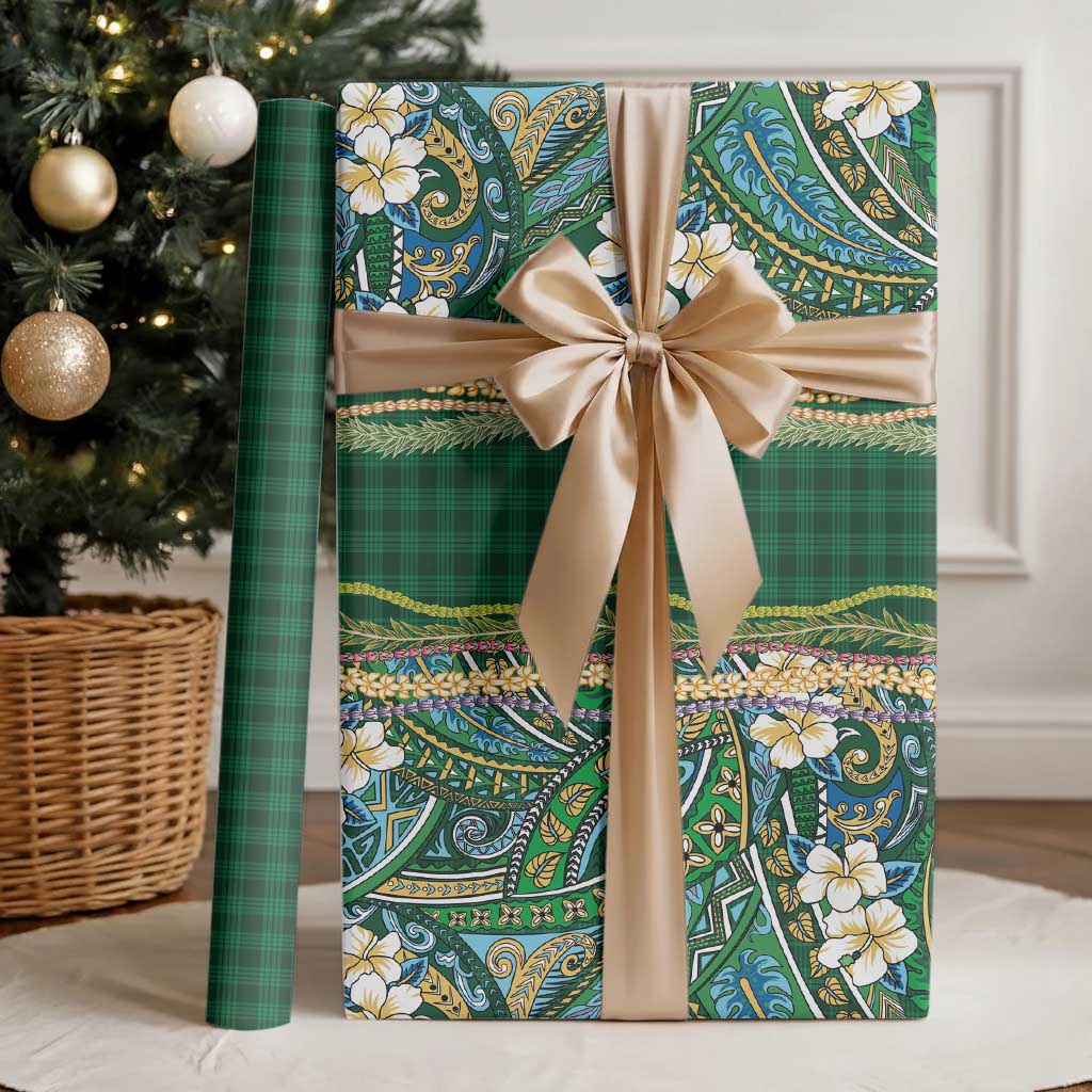 Hawaiian Art Flower Tribal with Lei Wrapping Paper Palaka Pattern Green Color LT03 - Polynesian Pride