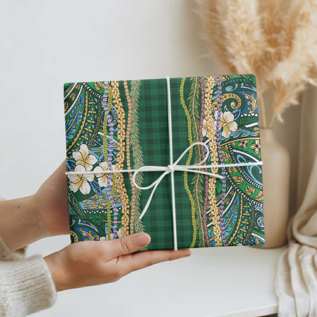 Hawaiian Art Flower Tribal with Lei Wrapping Paper Palaka Pattern Green Color LT03 - Polynesian Pride