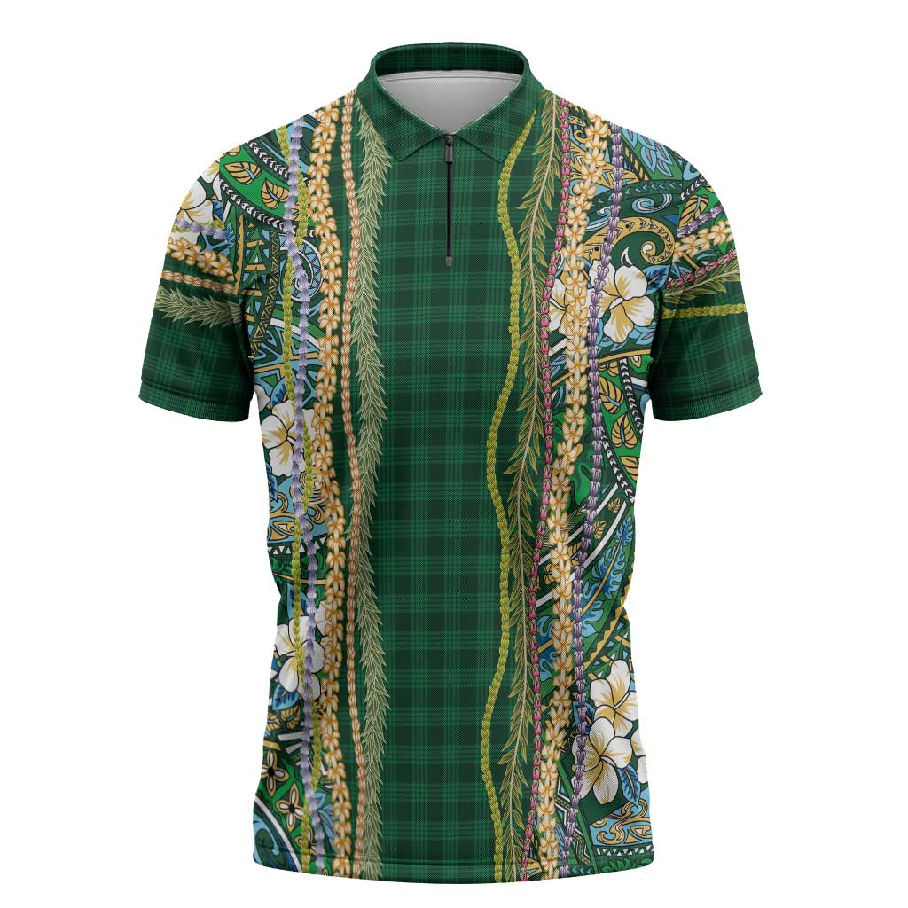 Hawaiian Art Flower Tribal with Lei Zipper Polo Shirt Palaka Pattern Green Color LT03 Green - Polynesian Pride