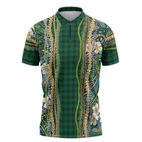 Hawaiian Art Flower Tribal with Lei Zipper Polo Shirt Palaka Pattern Green Color LT03 Green - Polynesian Pride