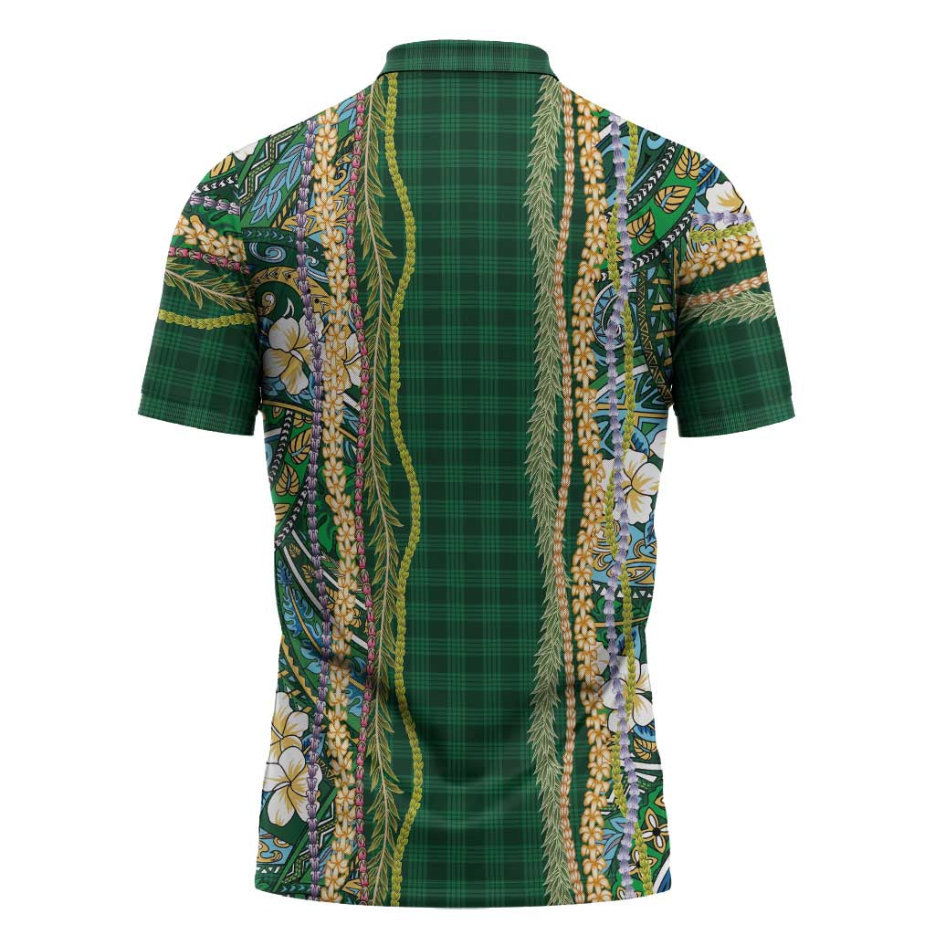 Hawaiian Art Flower Tribal with Lei Zipper Polo Shirt Palaka Pattern Green Color LT03 - Polynesian Pride