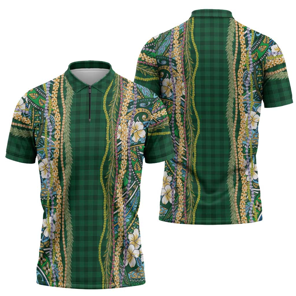 Hawaiian Art Flower Tribal with Lei Zipper Polo Shirt Palaka Pattern Green Color LT03 - Polynesian Pride