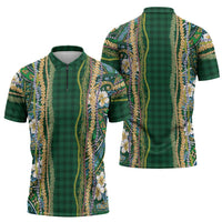 Hawaiian Art Flower Tribal with Lei Zipper Polo Shirt Palaka Pattern Green Color LT03 - Polynesian Pride