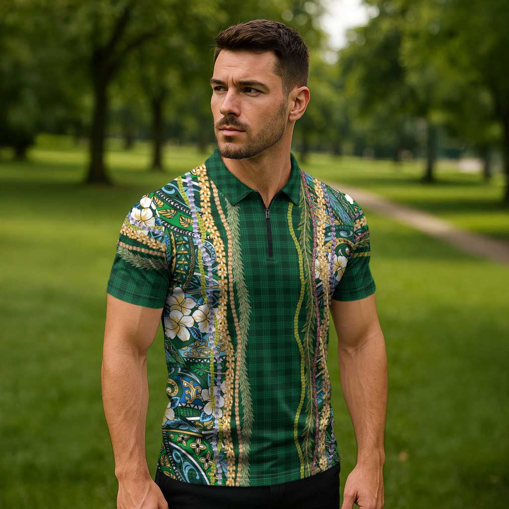 Hawaiian Art Flower Tribal with Lei Zipper Polo Shirt Palaka Pattern Green Color LT03 - Polynesian Pride