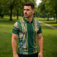 Hawaiian Art Flower Tribal with Lei Zipper Polo Shirt Palaka Pattern Green Color LT03 - Polynesian Pride