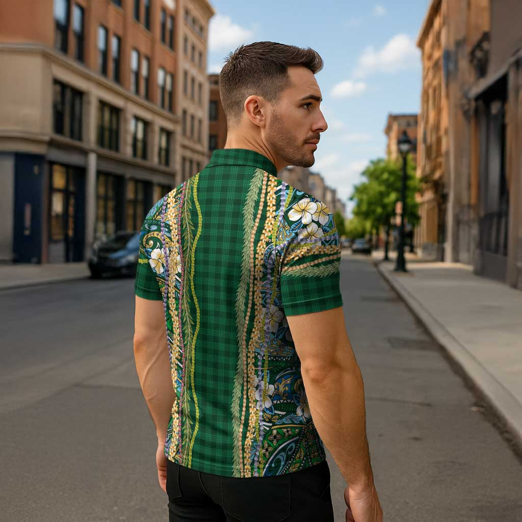 Hawaiian Art Flower Tribal with Lei Zipper Polo Shirt Palaka Pattern Green Color LT03 - Polynesian Pride