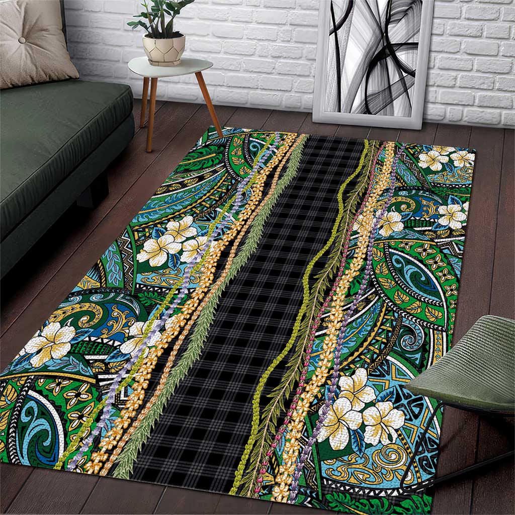 Hawaiian Art Flower Tribal with Lei Area Rug Palaka Pattern Black Color LT03 Black - Polynesian Pride