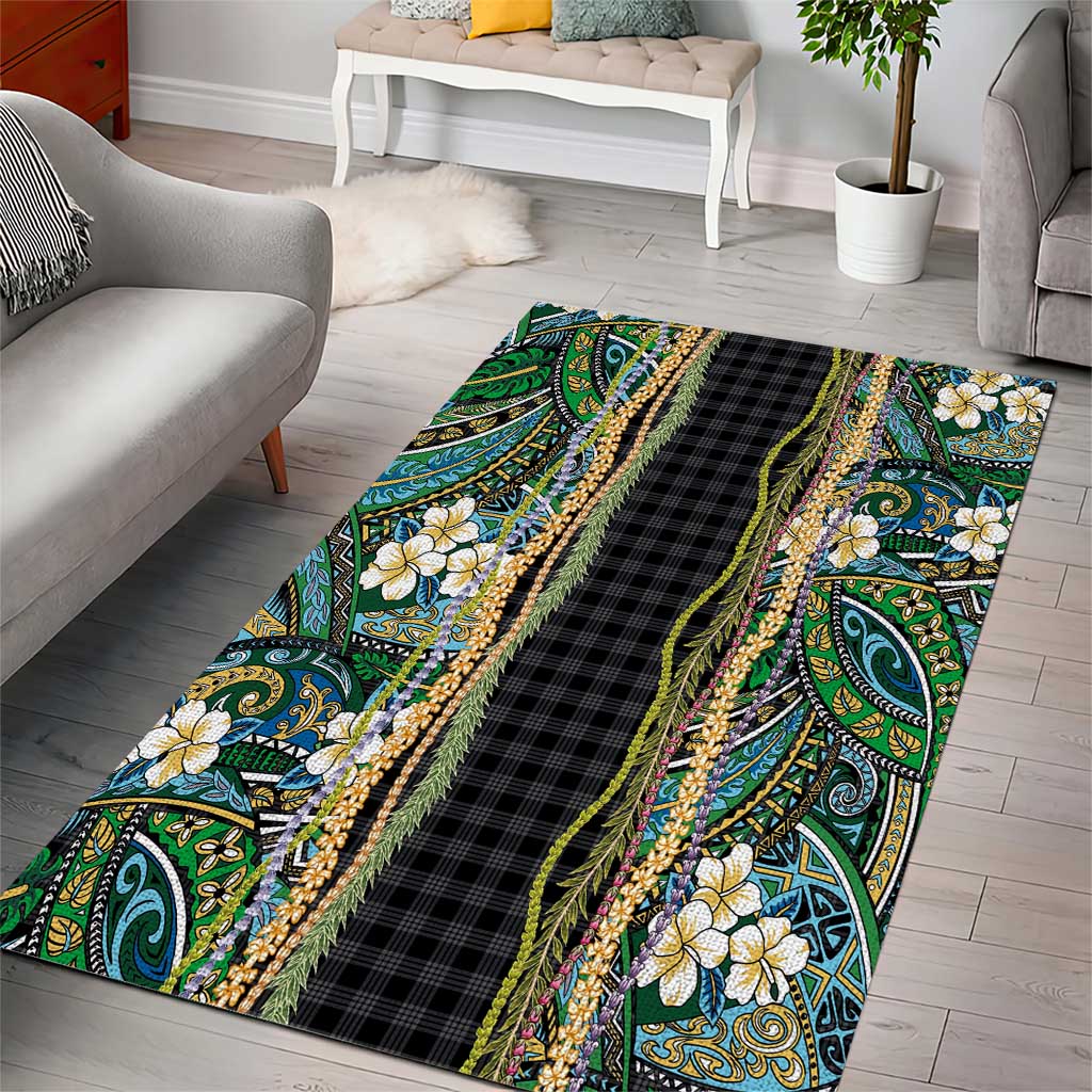 Hawaiian Art Flower Tribal with Lei Area Rug Palaka Pattern Black Color LT03 - Polynesian Pride