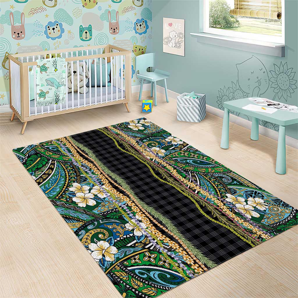 Hawaiian Art Flower Tribal with Lei Area Rug Palaka Pattern Black Color LT03 - Polynesian Pride