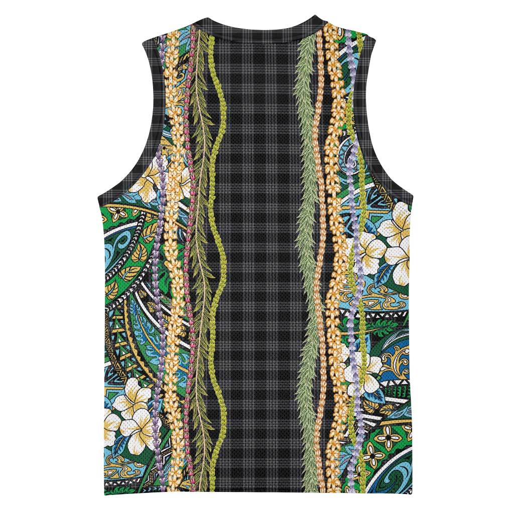 Hawaiian Art Flower Tribal with Lei Basketball Jersey Palaka Pattern Black Color - Polynesian Pride