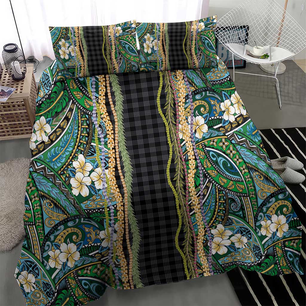 Hawaiian Art Flower Tribal with Lei Bedding Set Palaka Pattern Black Color - Polynesian Pride