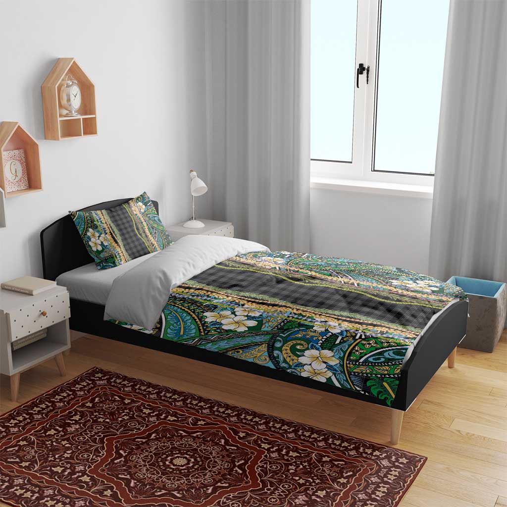 Hawaiian Art Flower Tribal with Lei Bedding Set Palaka Pattern Black Color - Polynesian Pride