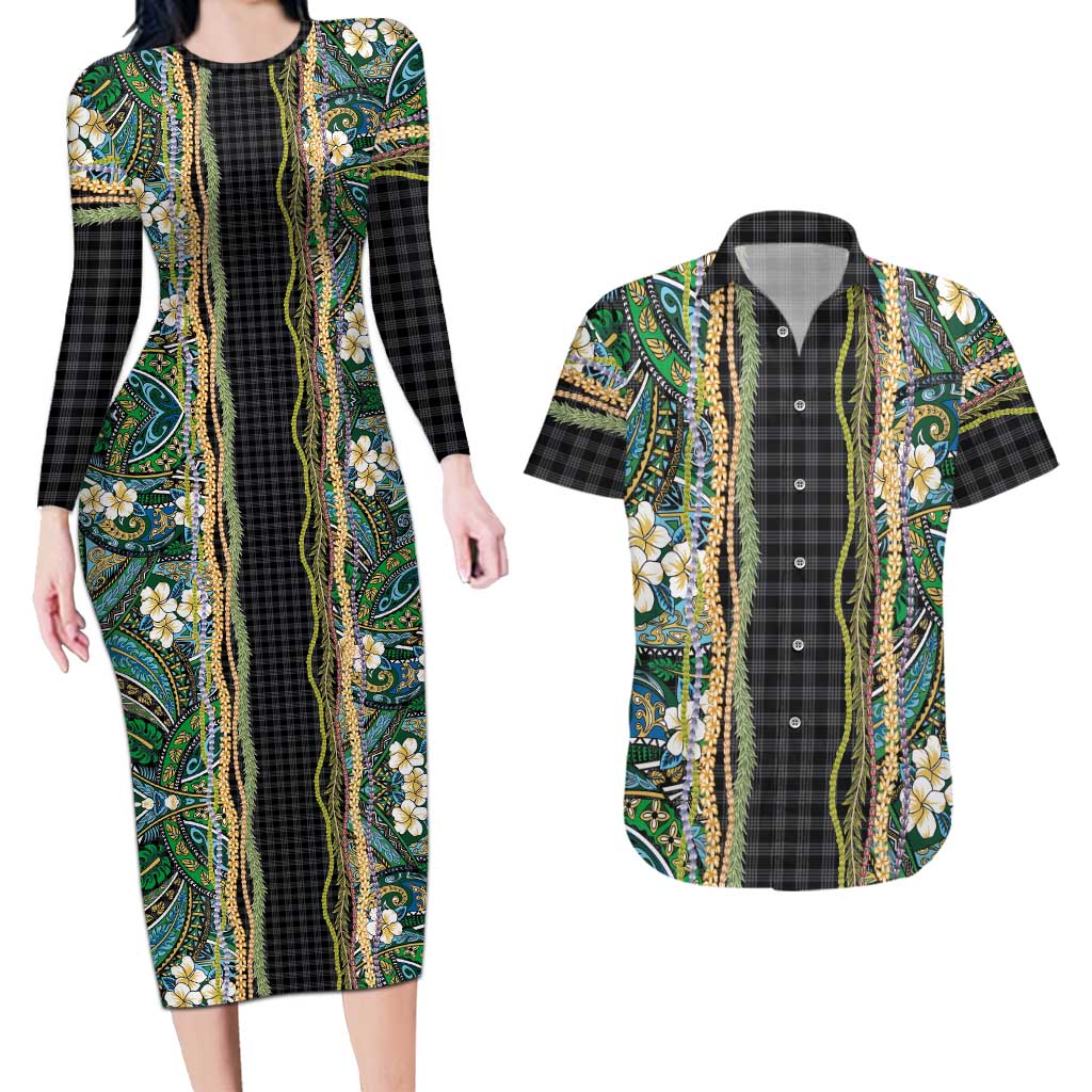 Hawaiian Art Flower Tribal with Lei Couples Matching Long Sleeve Bodycon Dress and Hawaiian Shirt Palaka Pattern Black Color - Polynesian Pride