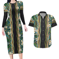 Hawaiian Art Flower Tribal with Lei Couples Matching Long Sleeve Bodycon Dress and Hawaiian Shirt Palaka Pattern Black Color - Polynesian Pride