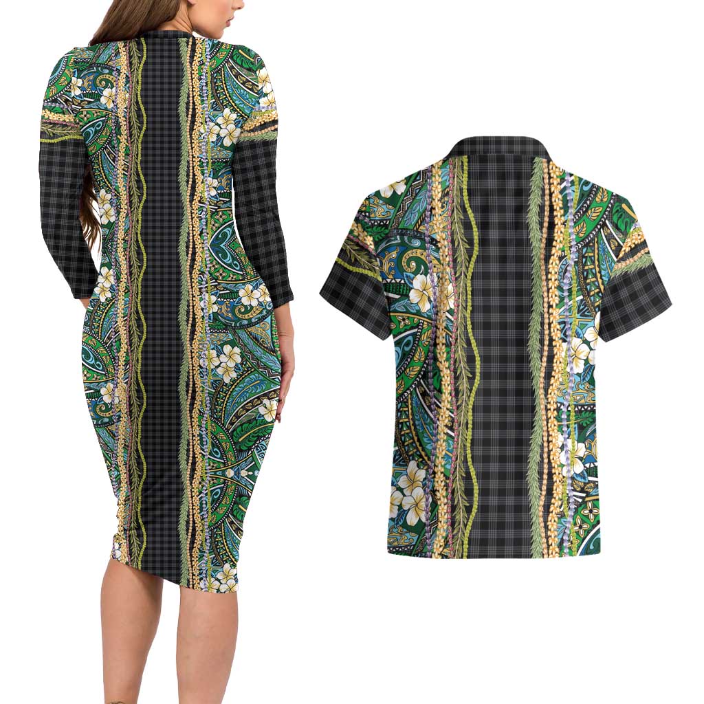 Hawaiian Art Flower Tribal with Lei Couples Matching Long Sleeve Bodycon Dress and Hawaiian Shirt Palaka Pattern Black Color - Polynesian Pride