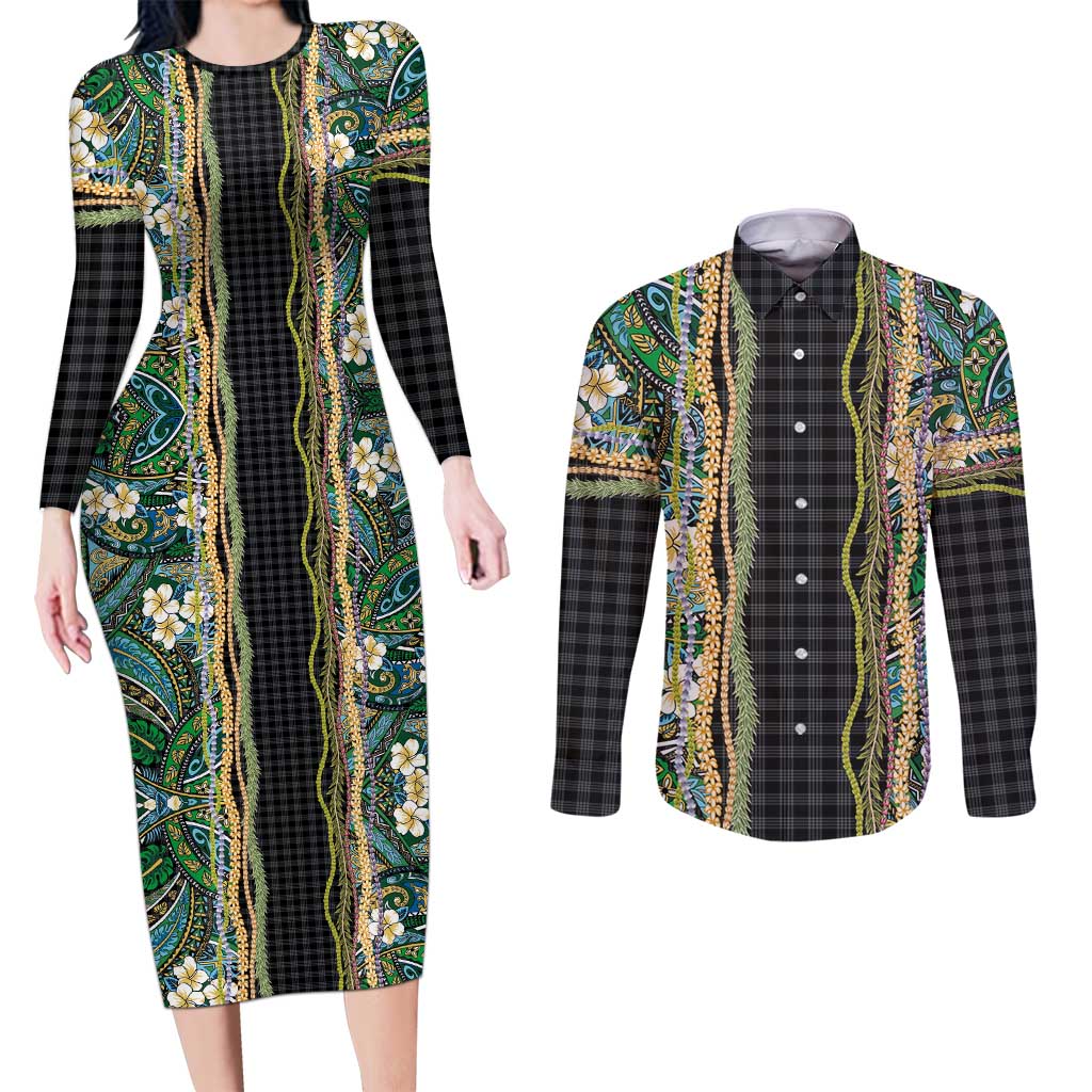 Hawaiian Art Flower Tribal with Lei Couples Matching Long Sleeve Bodycon Dress and Long Sleeve Button Shirt Palaka Pattern Black Color LT03 Black - Polynesian Pride