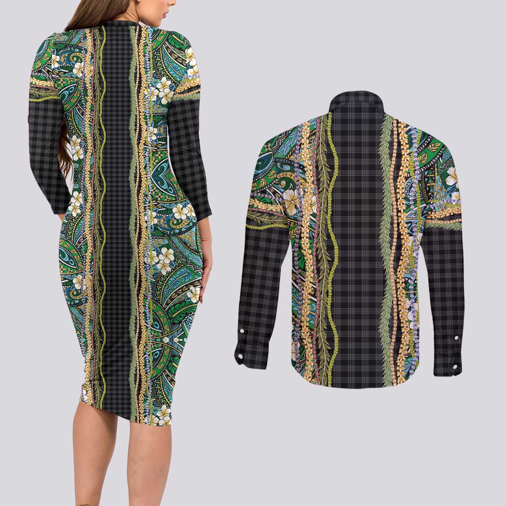 Hawaiian Art Flower Tribal with Lei Couples Matching Long Sleeve Bodycon Dress and Long Sleeve Button Shirt Palaka Pattern Black Color LT03 - Polynesian Pride