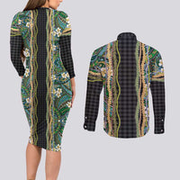Hawaiian Art Flower Tribal with Lei Couples Matching Long Sleeve Bodycon Dress and Long Sleeve Button Shirt Palaka Pattern Black Color LT03 - Polynesian Pride